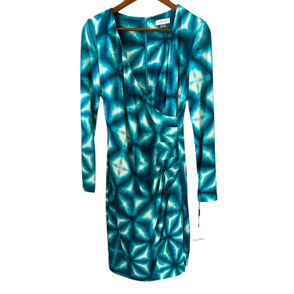 Calvin Klein NEW Faux Wrap Geometrical Print Dress In Turquoise & White Size 10